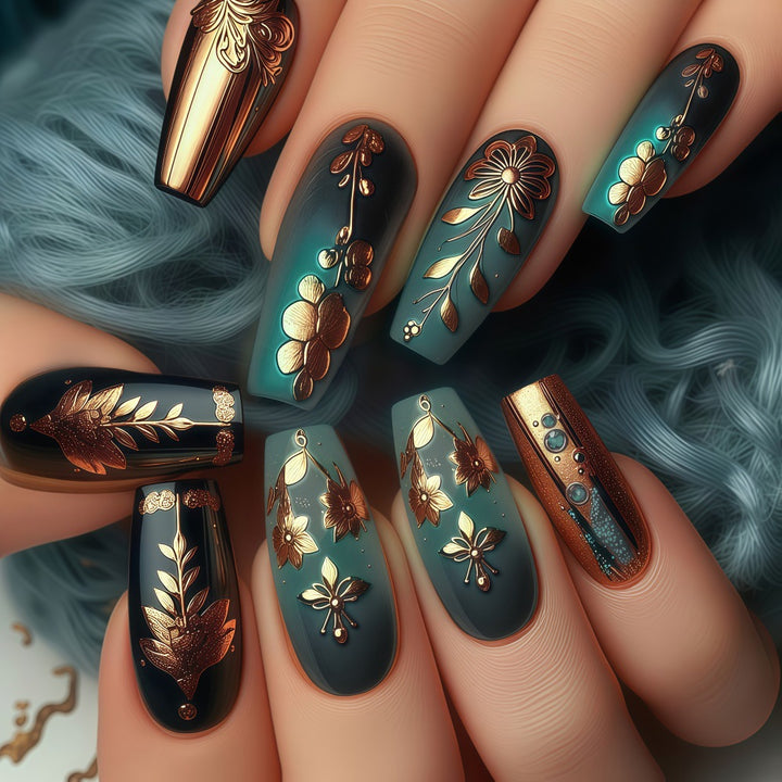 Artificial nails with floral gold embellishments Bowlift