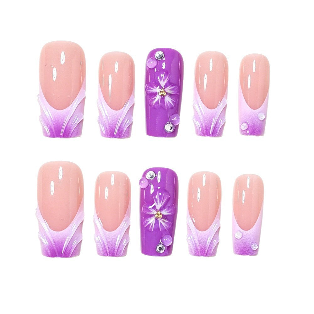 Decorative Long Press-On Nail Art Set with Floral Accents Bowlift