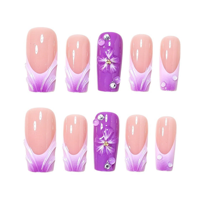 Decorative Long Press-On Nail Art Set with Floral Accents Bowlift