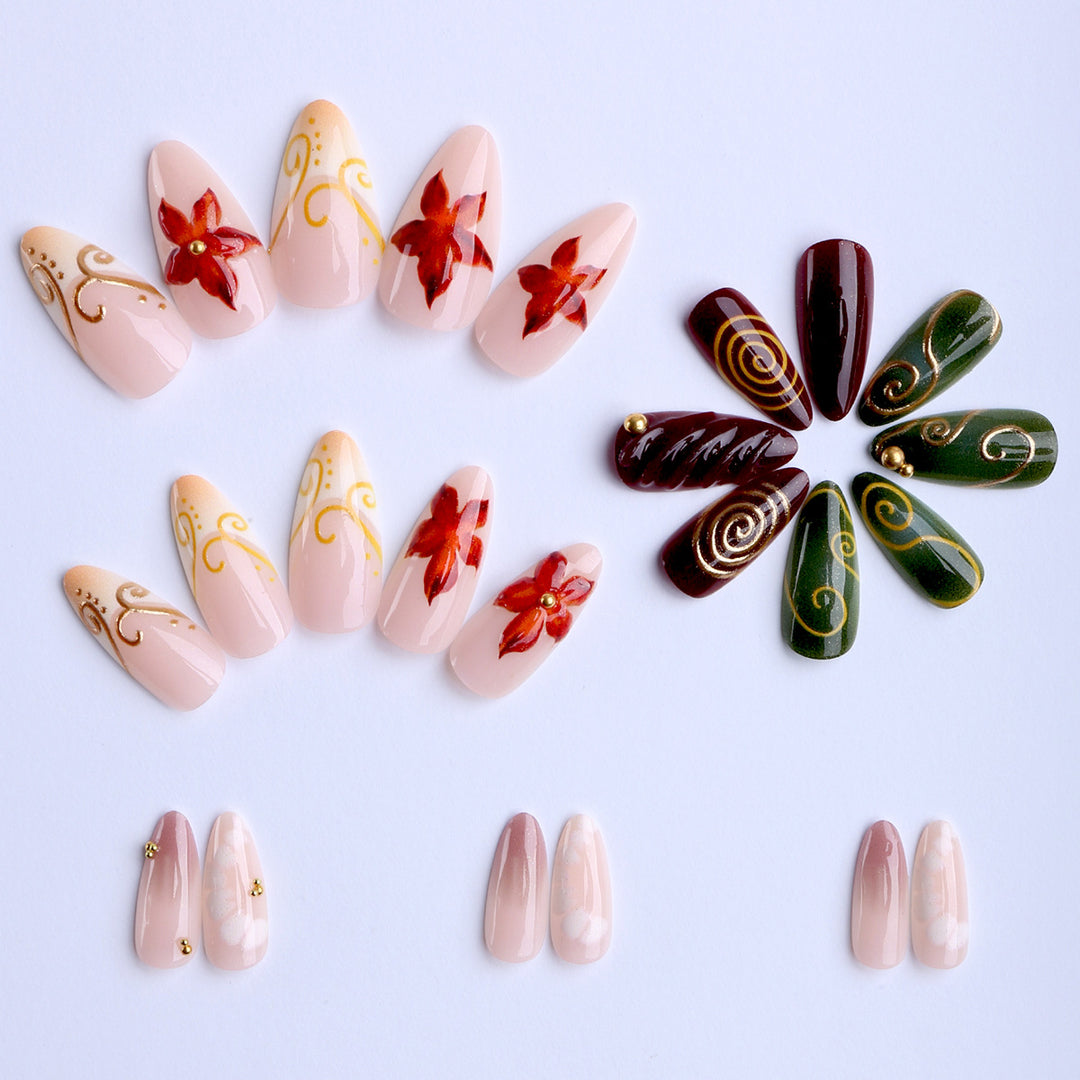 Artificial nails with elegant floral design and noble accents Bowlift