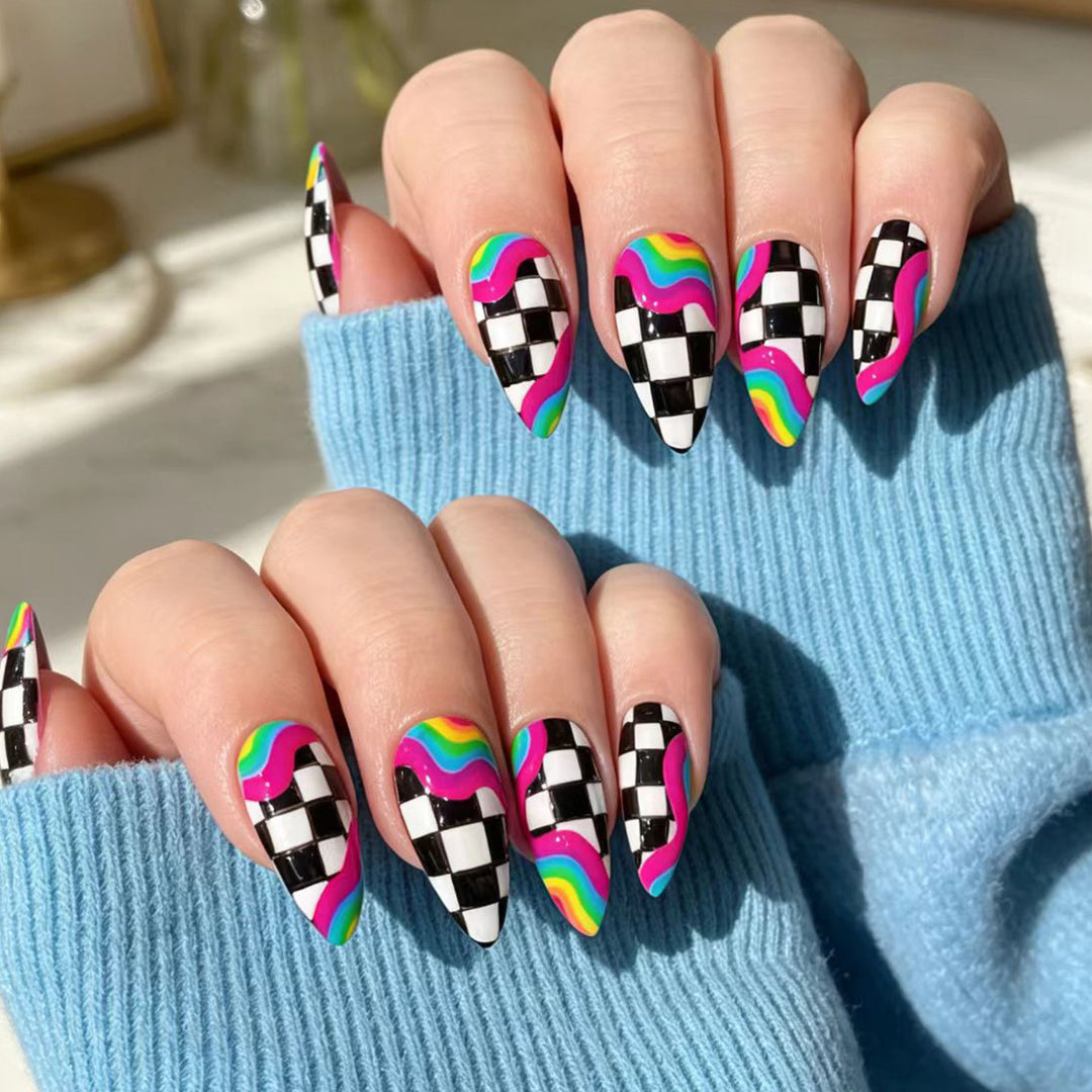 Creative artificial nails with colorful wave and checkerboard design Bowlift