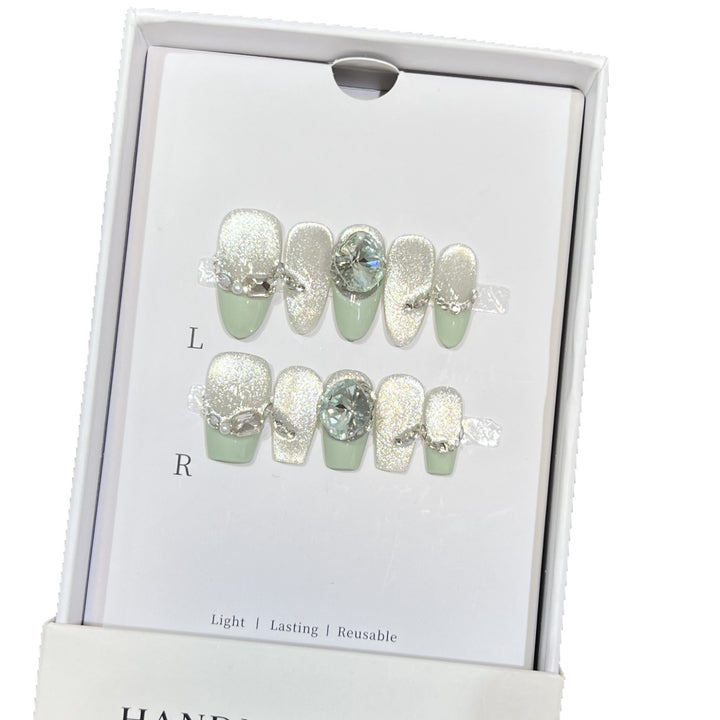 Glamorous Reusable Press-On Nail Set with Gemstone Accents Bowlift