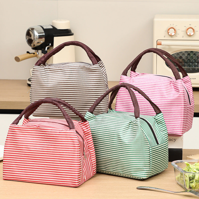 Insulated Striped Lunch Tote Cooler Bag with Side Zipper Pocket and Padded Handles Bowlift