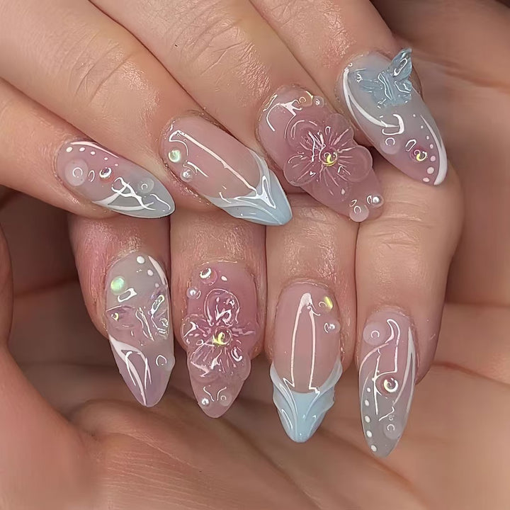 Premium Floral Art Press-On Nail Set Bowlift