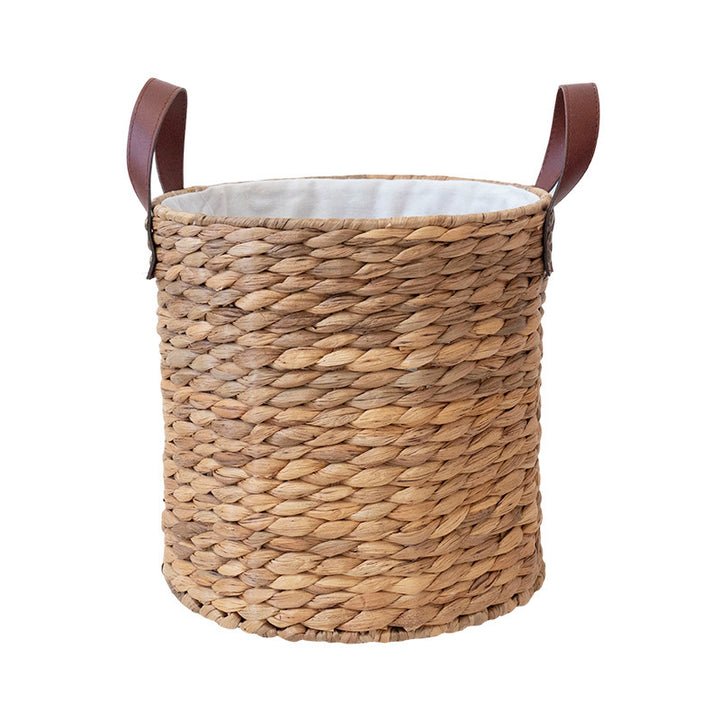 Braided storage basket with leather handles