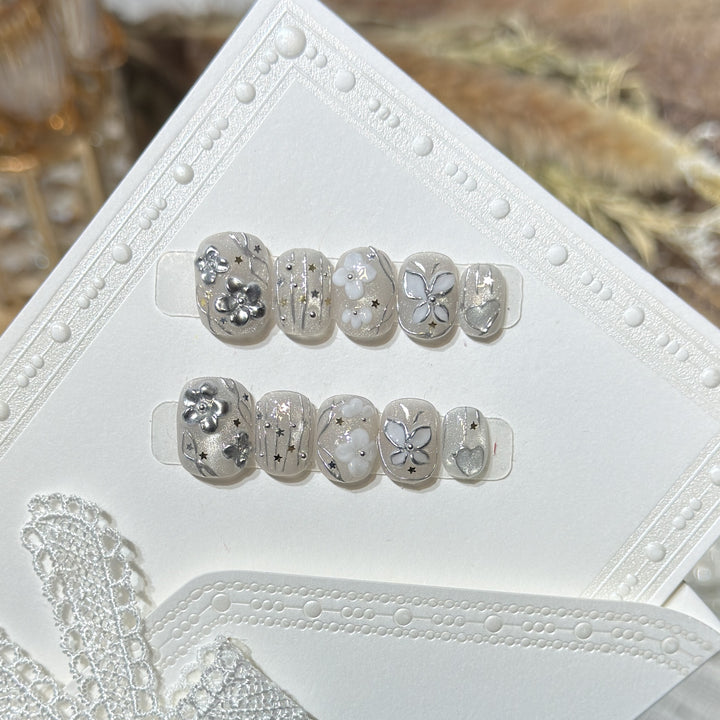 Decorative Press-On Nail Art Set with Floral and Star Accents Bowlift