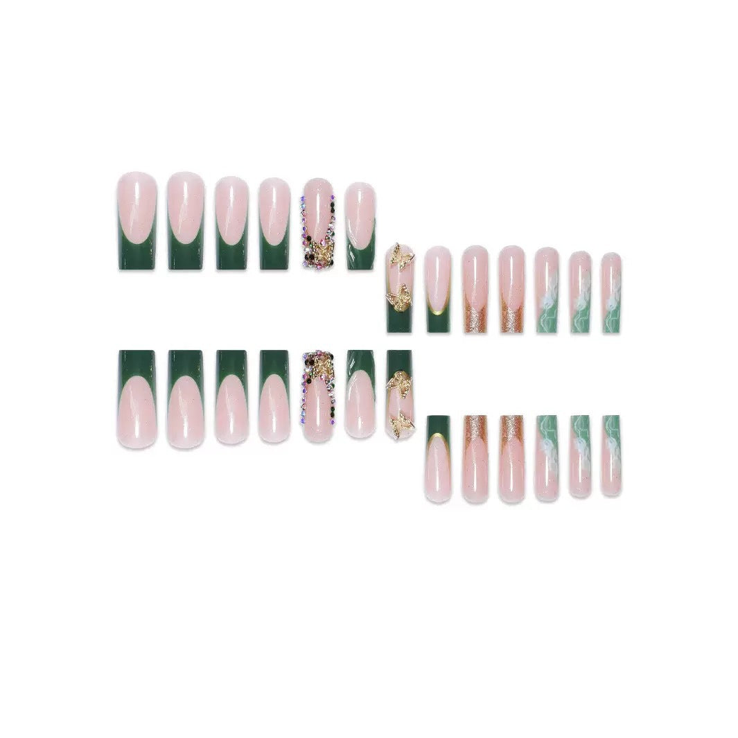 Artistic Press-On Nail Art with Gemstone and Butterfly Accents Bowlift
