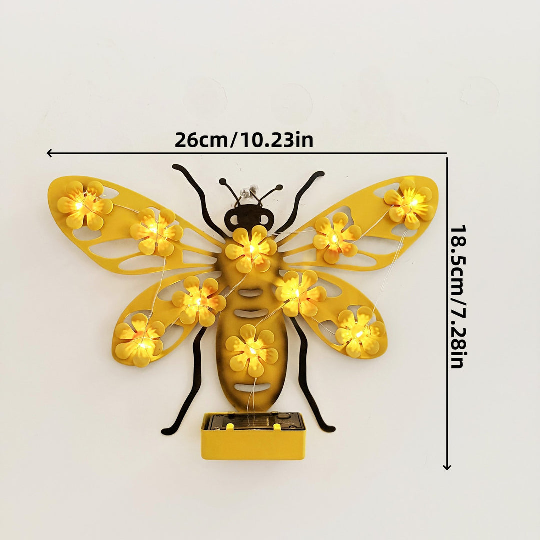 Decorative Metal Bee Wall Light With Integrated Fairy LED String And Solar Power Module Bowlift