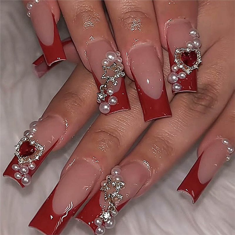 Decorative French Tip Press-On Nails with Pearl Accents Bowlift