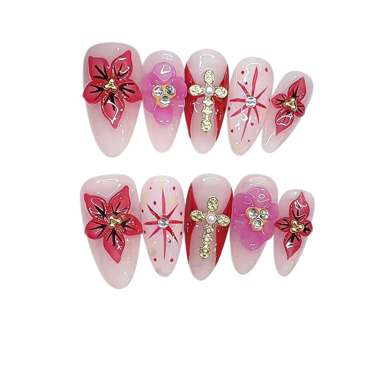 Artistic Floral and Gemstone-Embellished Press-On Nails Bowlift