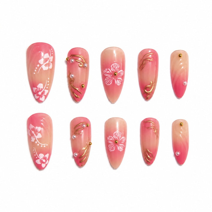 Artificial nails with floral decorations and gold accents Bowlift