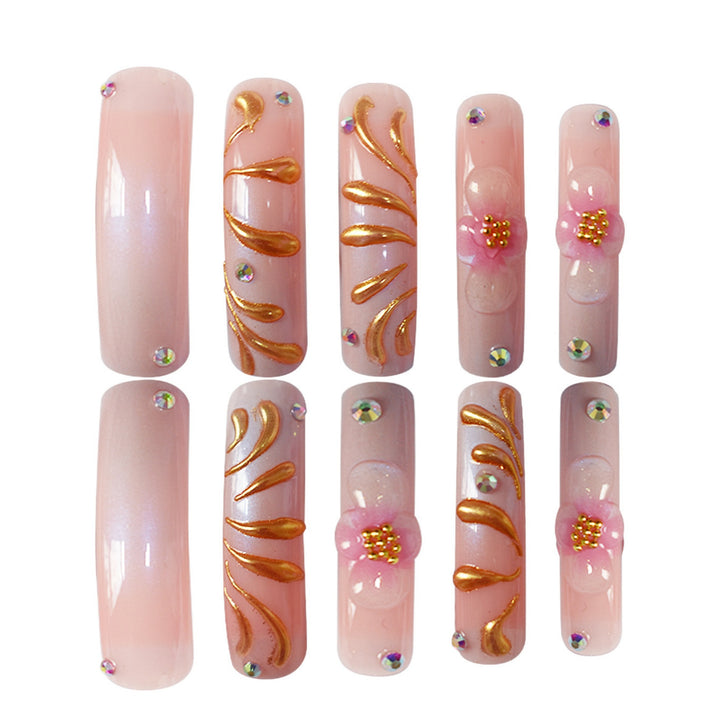 Glamorous 3D Floral Press-On Nails with Gold Accents Bowlift