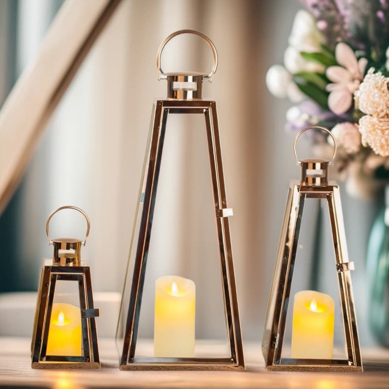 Modern Triangular Glass Candle Lantern Set with Gold Metal Frame Bowlift