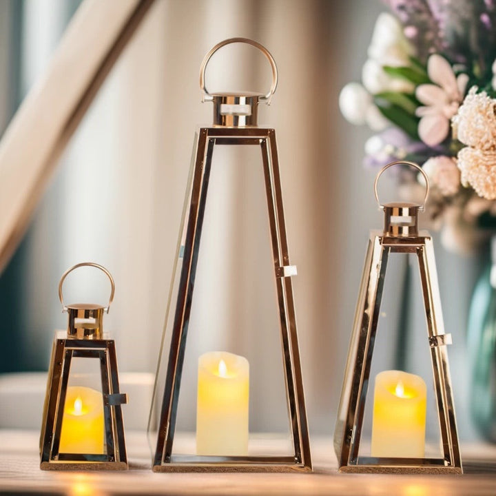Modern Triangular Glass Candle Lantern Set with Gold Metal Frame Bowlift