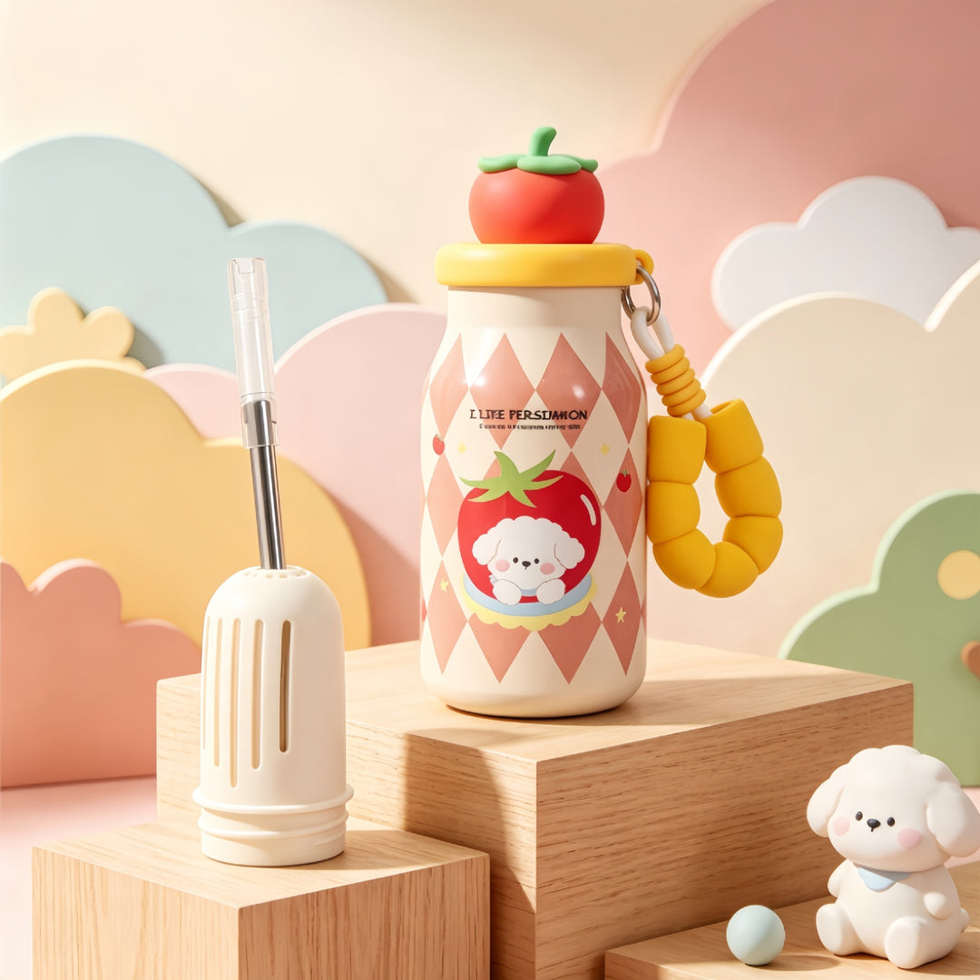 Insulated drinking bottle with sweet dog design and practical carrying strap Bowlift