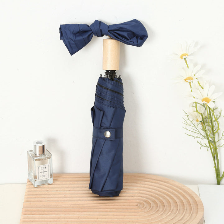 Women's Elegant Folding Umbrella with Wooden Handle Bowlift