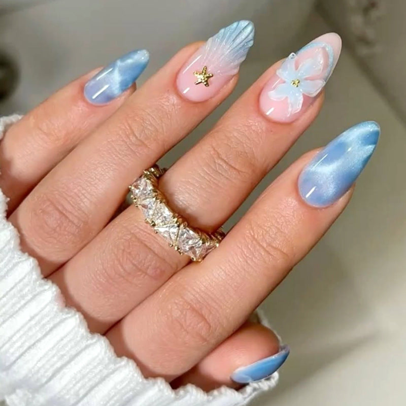 Artistic Press-On Nail Set with Iridescent Shell Accents Bowlift