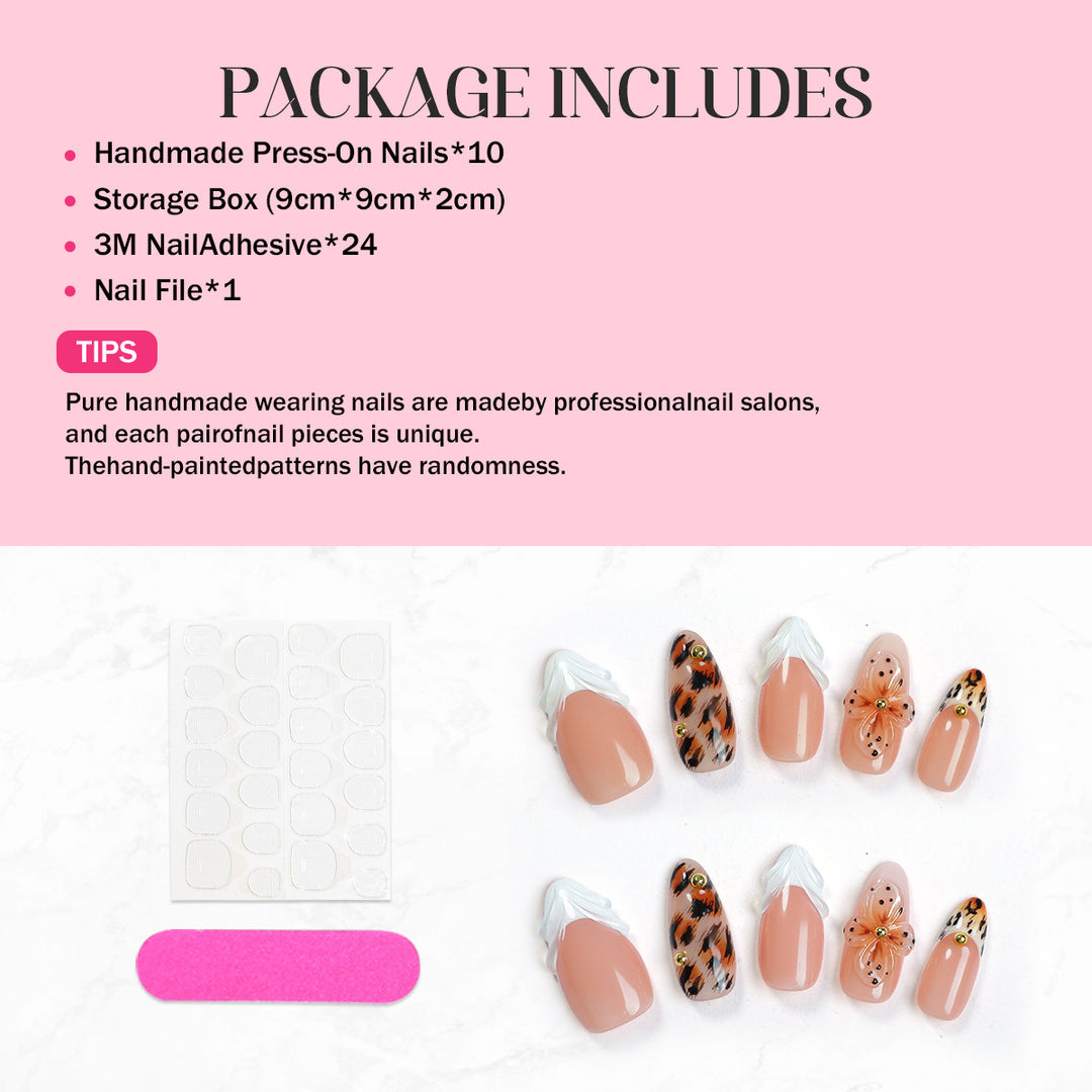 Artificial nail set with floral and leopard patterns Bowlift
