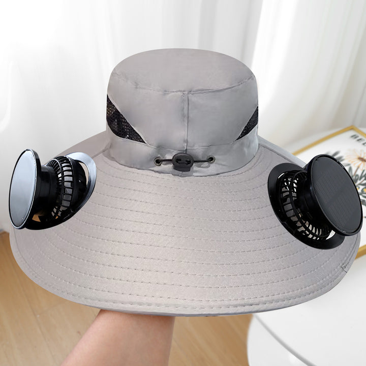 Wide sun hat with integrated solar fans breathable mesh adjustable chin strap Bowlift