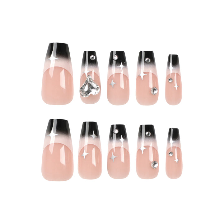 Artificial nail extensions with elegant ombre design and glitter accents Bowlift