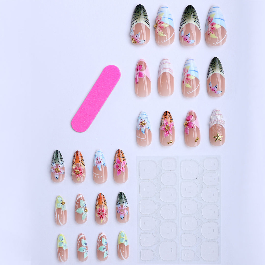 Artificial nails with creative floral and tropical designs Bowlift