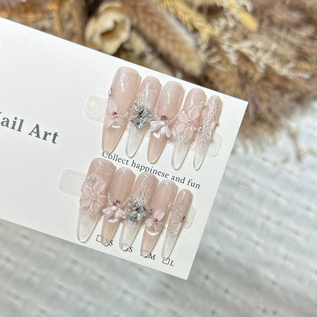 Decorative Press-On Nail Art Set with Floral and Gemstone Accents Bowlift