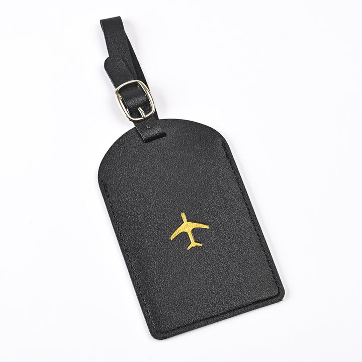 Premium Leather Luggage Tag with Adjustable Strap and Embroidered Airplane Icon Bowlift