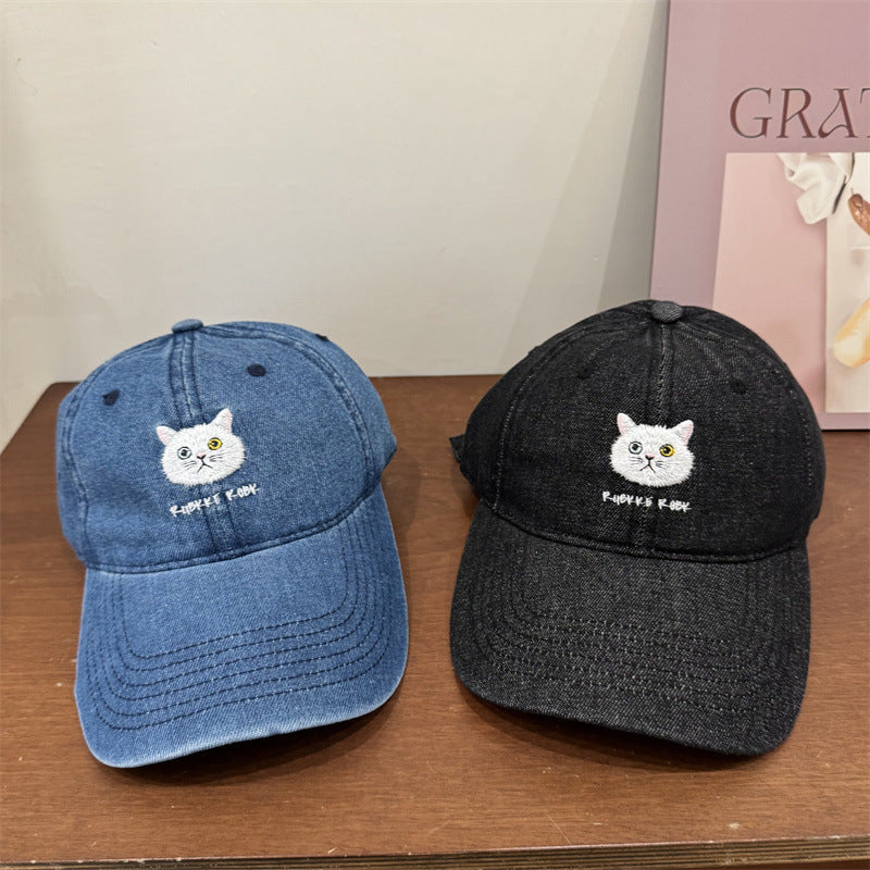 Women's Casual Cotton Baseball Cap with Cat Embroidery Bowlift