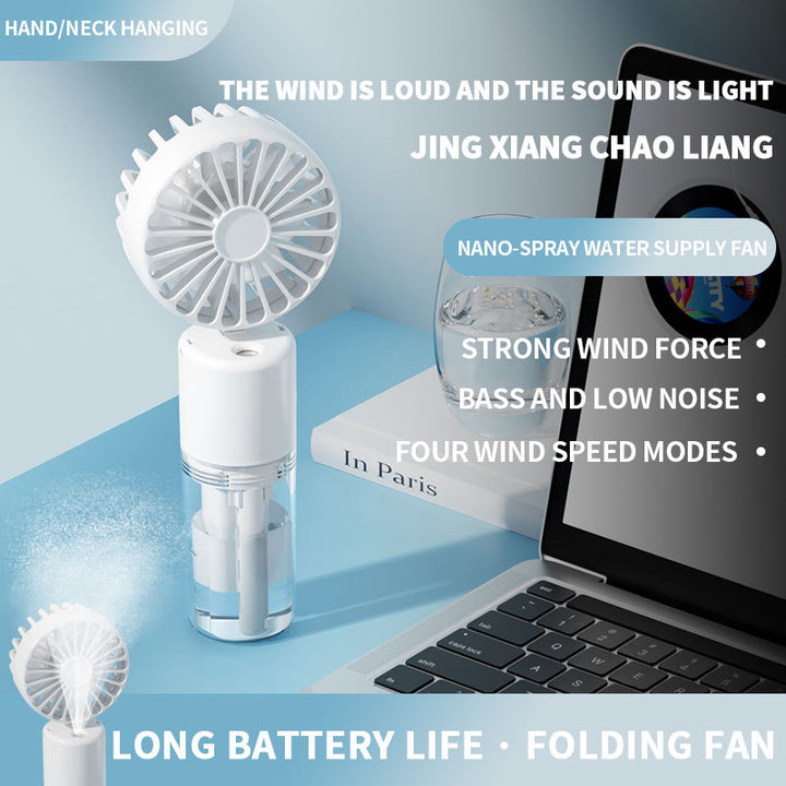 Cooling compact rechargeable folding misting handheld fan with transparent water reservoir detachable base and four speed brushless motor Bowlift
