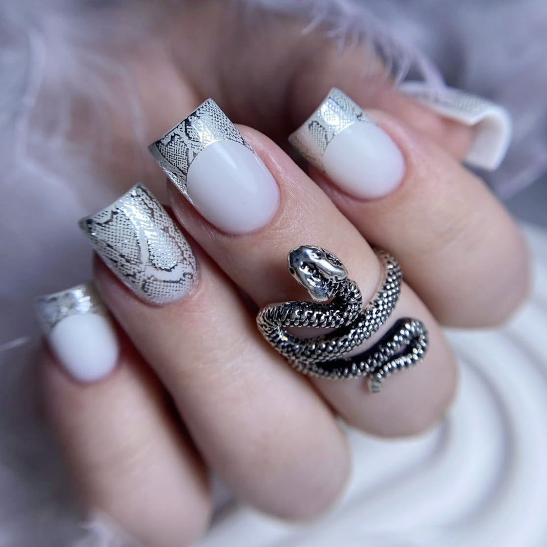 Snake Print French Tip Nail Art Extensions Bowlift