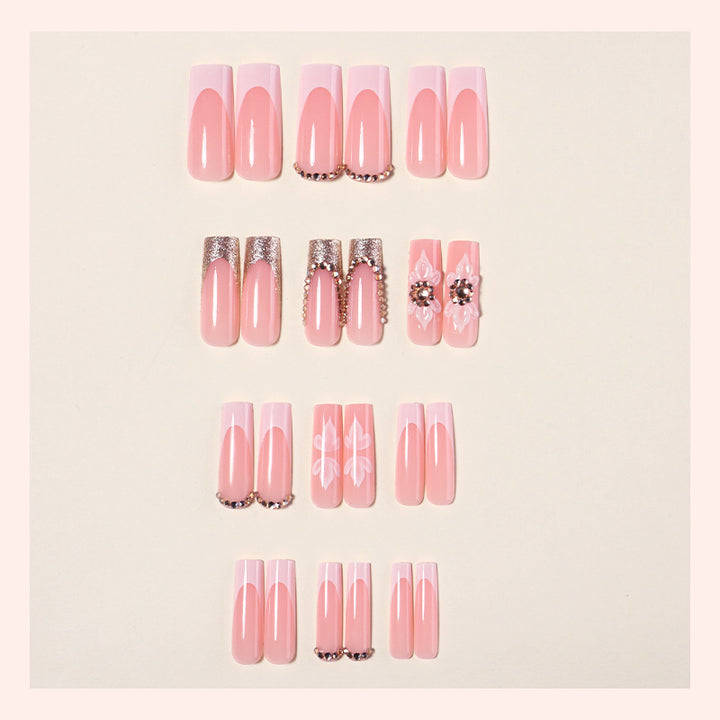 Premium Decorative Press-On Nail Set with Rhinestone and Floral Accents Bowlift