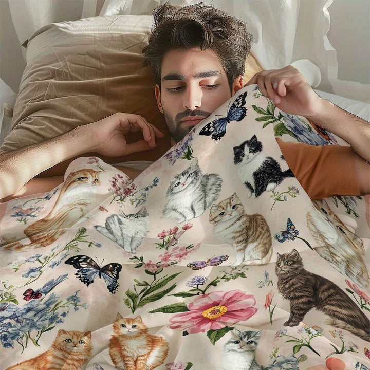 Floral Cat Print Fleece Blanket