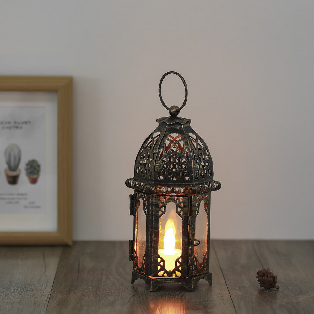 Decorative Moroccan Filigree Metal Lantern with Glass Panels and Hanging Ring Bowlift