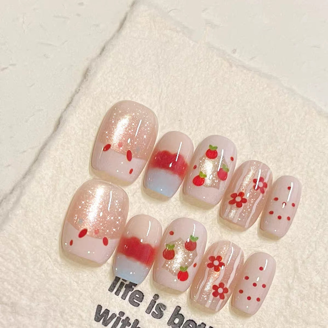 Artistic Floral and Gemstone Press-On Nail Set Bowlift