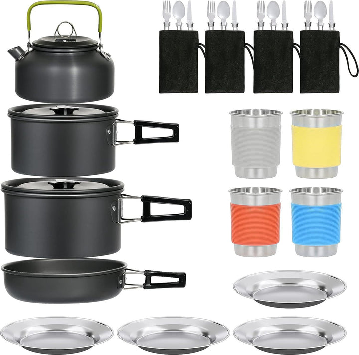 compact nesting anodized aluminum camping cookware kit with kettle nonstick pots frying pan foldable wash basin stainless steel plates cups Bowlift