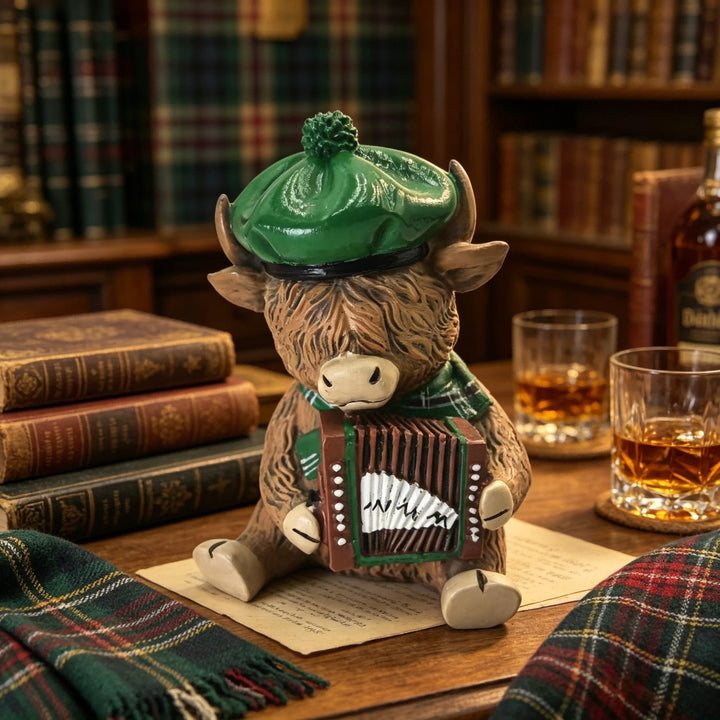 Decorative Highland Cattle Figure with Accordion Bowlift