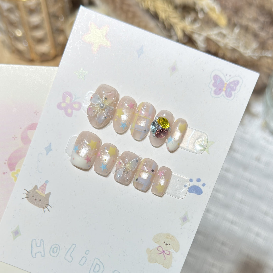 Decorative Press-On Nail Art Set with Gem Accents Bowlift