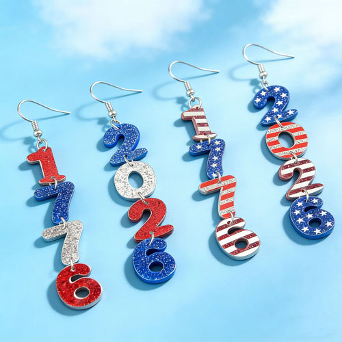 Women’s long earrings with four-digit anniversary number pendants in a patriotic style Bowlift