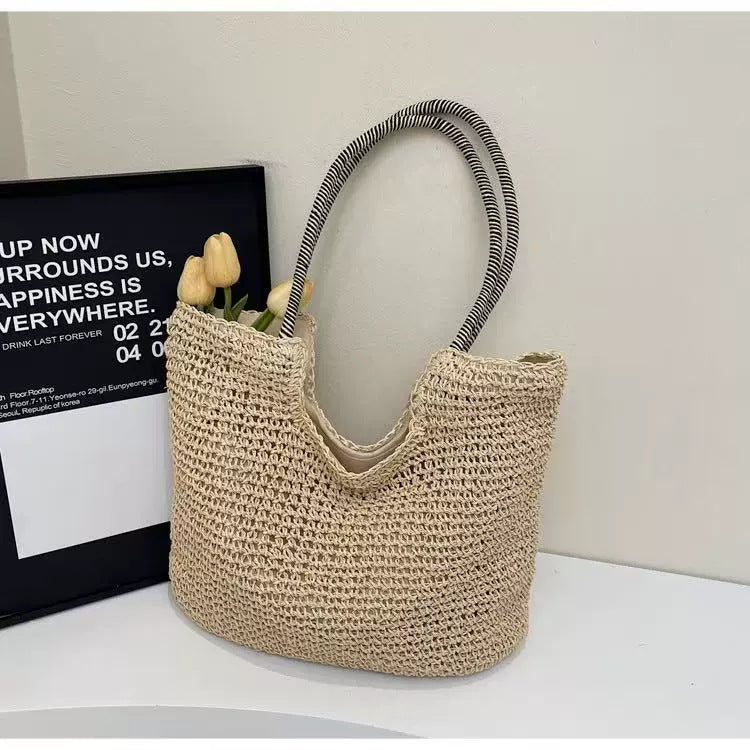 Elegant Handbag Made from Hand-Woven Natural Material with Striped Handles Bowlift