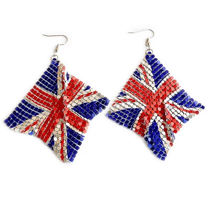 Women's long flexible rhinestone mesh earrings in American flag design with fishhook Bowlift