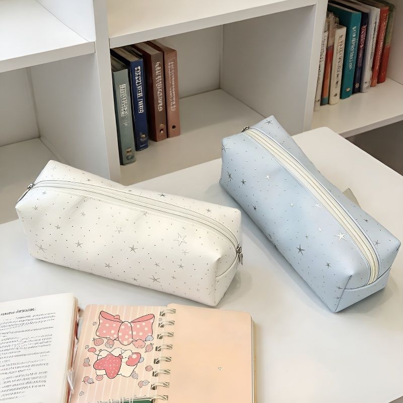 Star-Print Faux Leather Rectangular Pencil Case and Makeup Pouch Bowlift