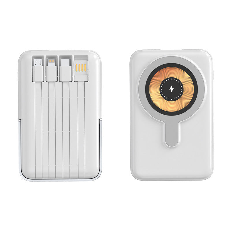 Compact power bank with integrated charging cable and wireless charging function Bowlift