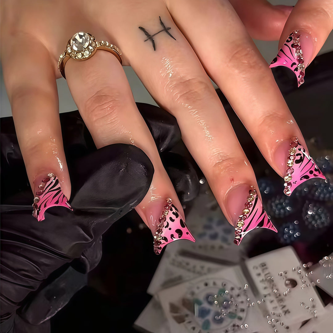 Decorative Stiletto Press-On Nails with Animal Print and Gemstone Accents Bowlift
