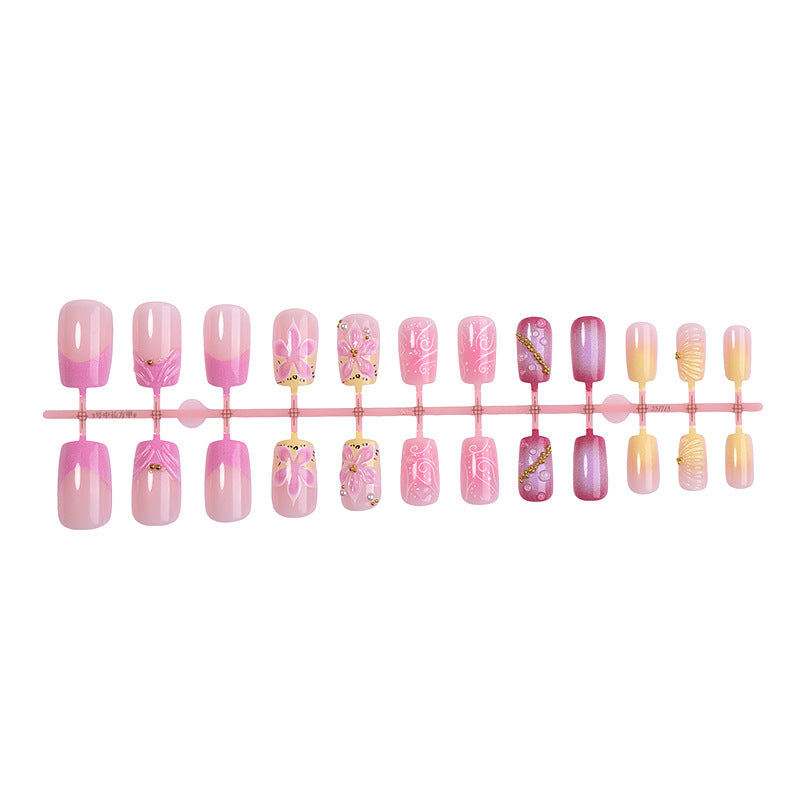 Premium Artistic Press-On Nail Set with Decorative Floral Elements Bowlift