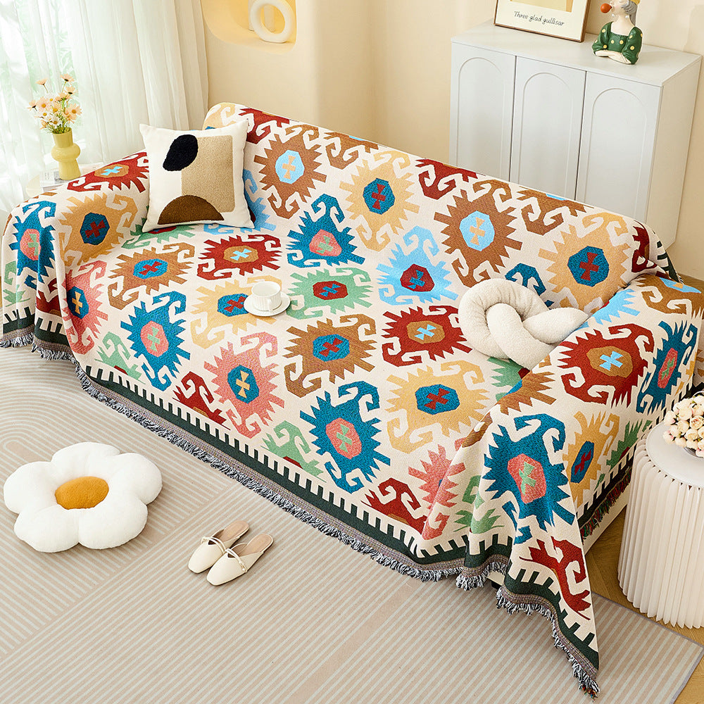 Decorative Fringed Geometric Jacquard Sofa Throw Cover Bowlift