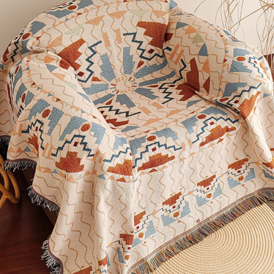 Waffle Weave Cotton-Linen Fringe Sofa Throw Blanket Bowlift