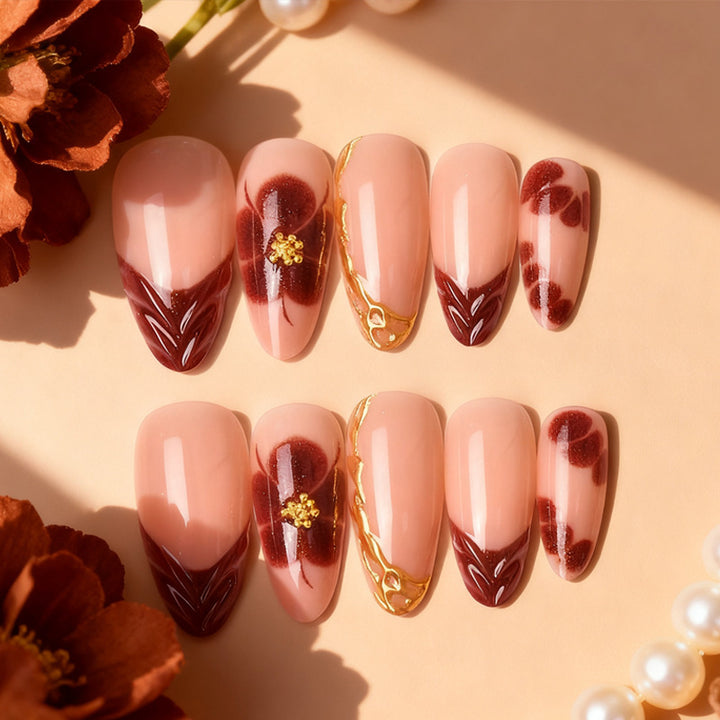 Artificial Nail Set with Floral and Luxurious Decorations Bowlift