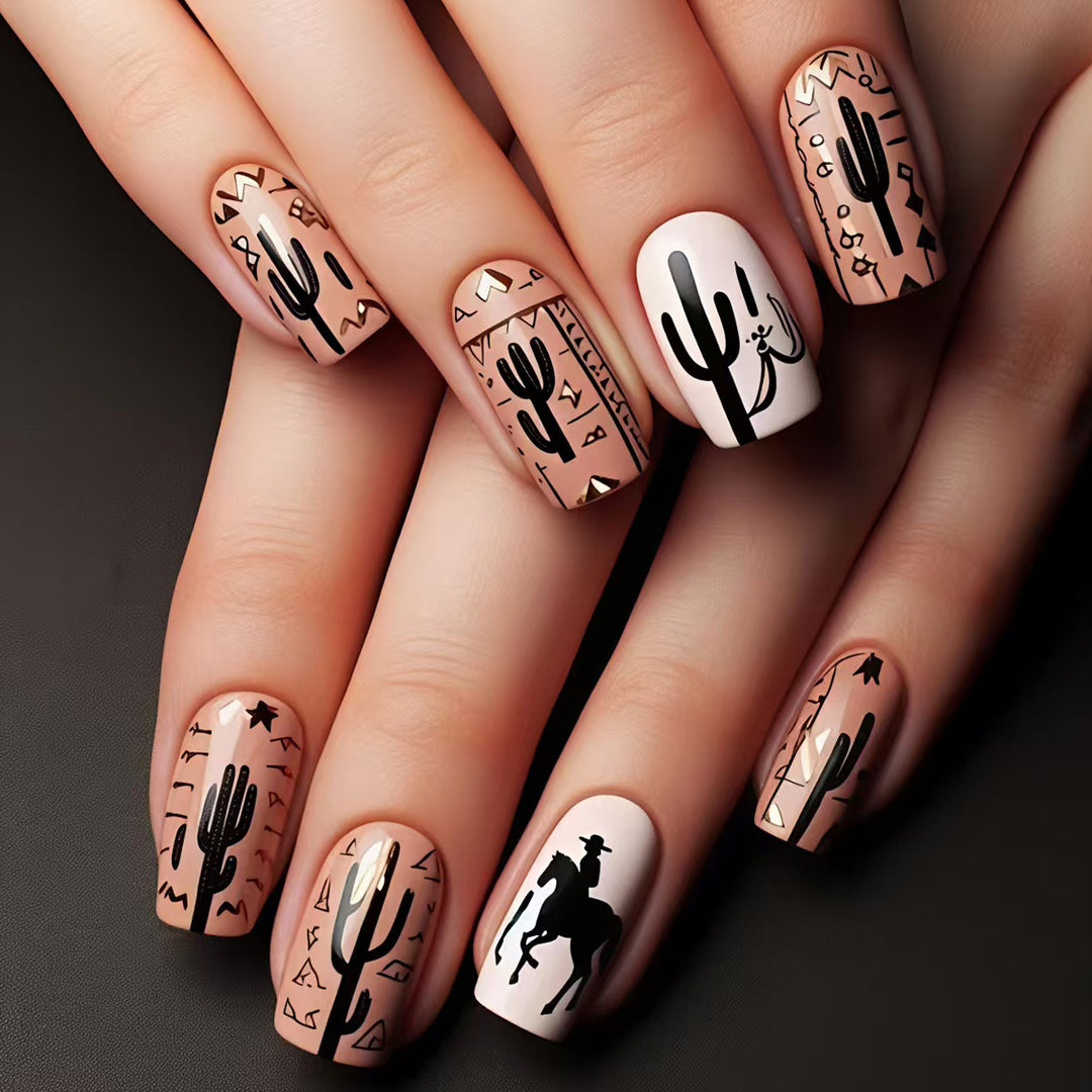 Artificial nail design with geometric desert motif Bowlift