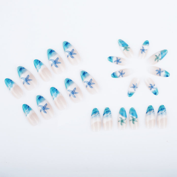 Artistic Press-On Nail Set with Ocean-Inspired Design Bowlift