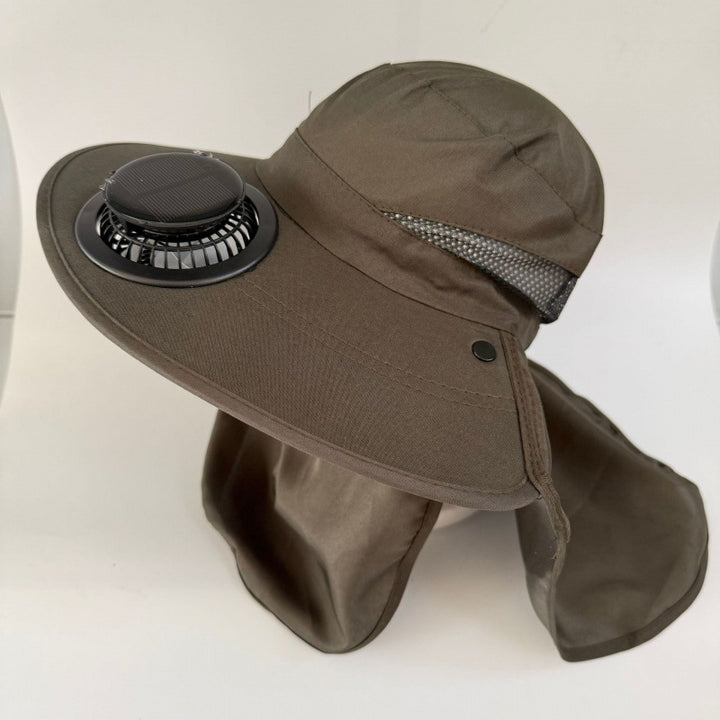 Non-ventilated sun hat with removable fan, neck protection, and adjustable chin strap Bowlift